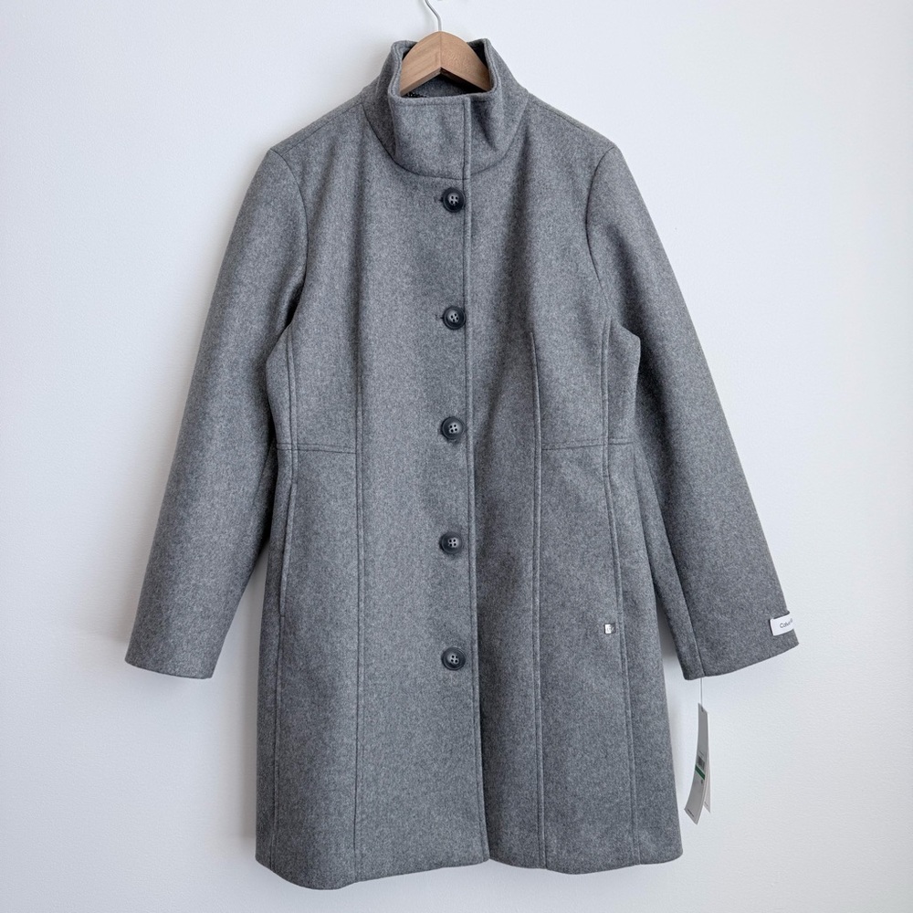 Calvin Klein Women's Gray Stand-Collar Long Pea Coat, Side Pockets, Size Large